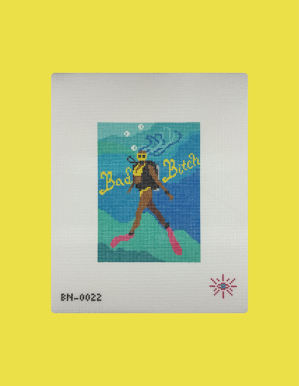A canvas needlepoint design featuring a scuba diving woman with the text 'Bad Bitch' in yellow, set against a white canvas background with a bright yellow border.