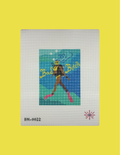 A canvas needlepoint design featuring a scuba diving woman with the text 'Bad Bitch' in yellow, set against a white canvas background with a bright yellow border.