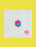 A square white needlepoint canvas featuring a blue and red Om symbol in the center and a red dotted starburst in the lower right, set against a solid yellow background.